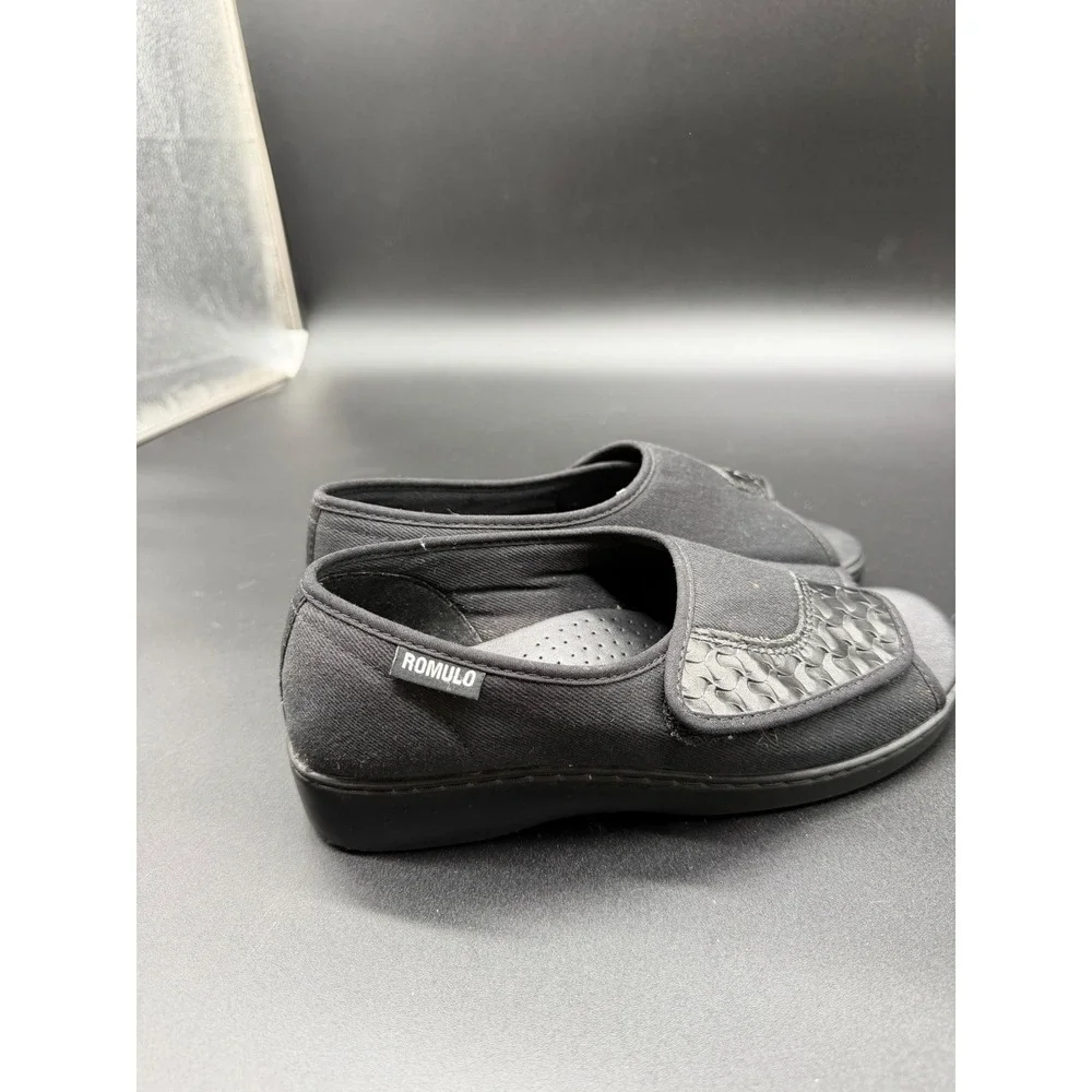 Romulo Confort 24/7 Black Canvas Open Toe Wedge Sandals Adjustable Strap Size 35